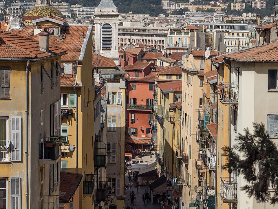 View over Old Nice from the Rossetti staircase, which climbs toward Castle Hill